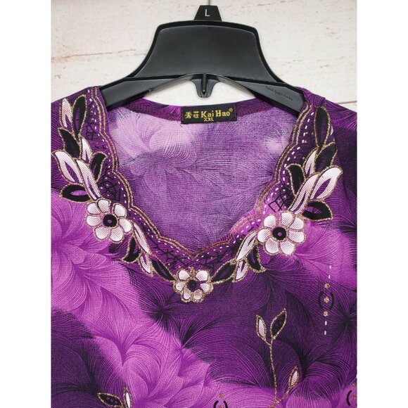 Rare Vintage Kai Hao XXL Purple Floral Glitter Foil Short Sleeve Women Shirt - Picture 5 of 10